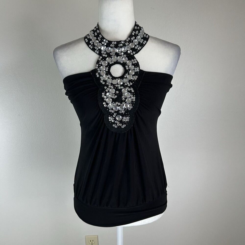Y2K Finesse S Black Halter Top Rhinestone Studded Glam Retro Black Fairy